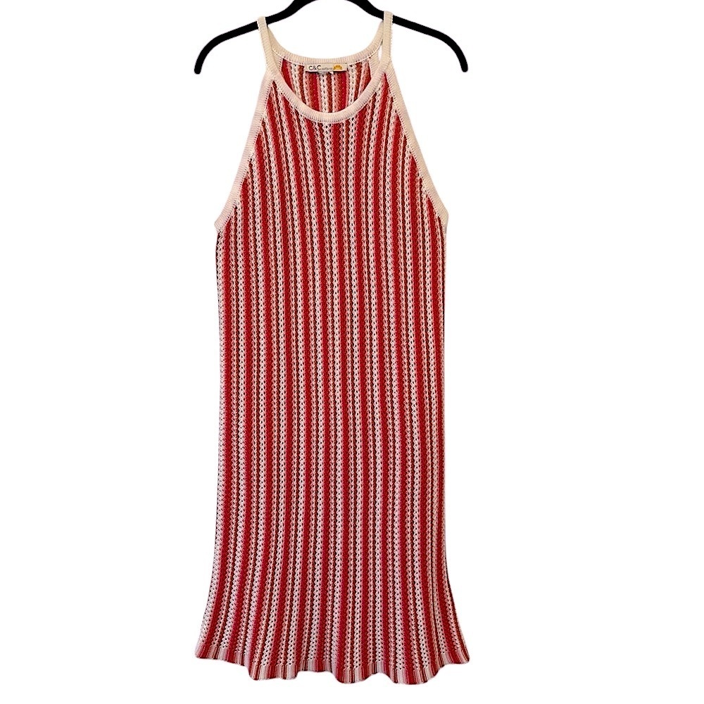 C&C California Crochet Beach Cover Up Sleeveless Halter Striped Pink White Small - Picture 1 of 8